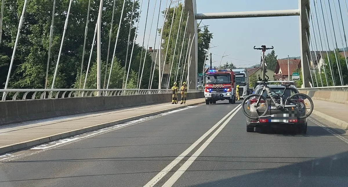 Miejscowe zagrożenie, Biała substancja rozsypana jezdni Interwencja strażaków Białce - zdjęcie, fotografia