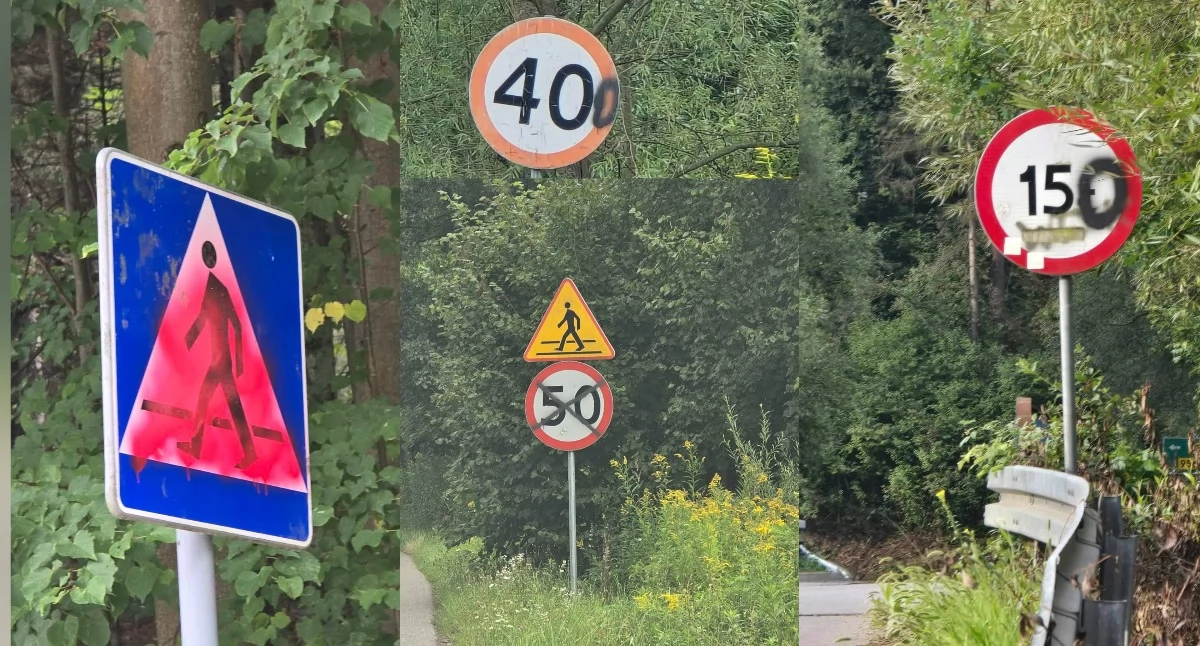 Kronika kryminalna, Nazistowski symbol graffiti zniszczone znaki Wandalizm drodze Marcówce - zdjęcie, fotografia