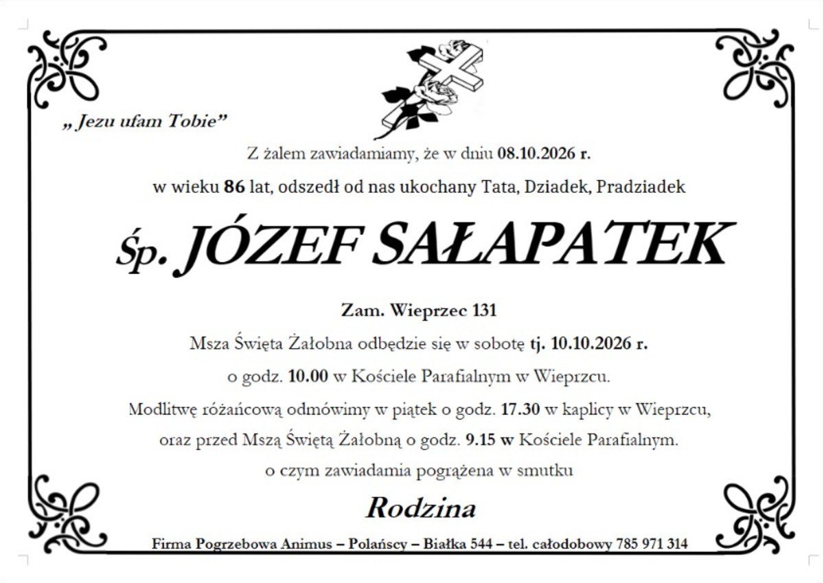 Nekrolog: śp. JÓZEF SAŁAPATEK, zm. 8 października 2026 r.