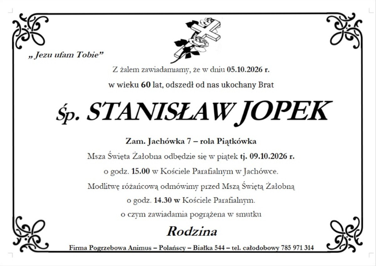 Nekrolog: śp. STANISŁAW JOPEK, zm. 5 października 2026 r.