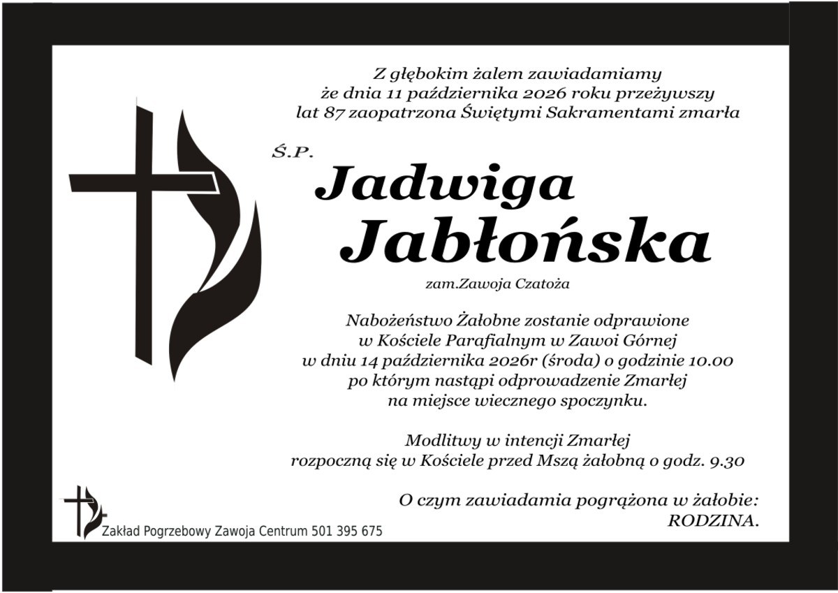 Nekrolog: śp. Jadwiga Jabłońska, zm. 11 października 2026 r.