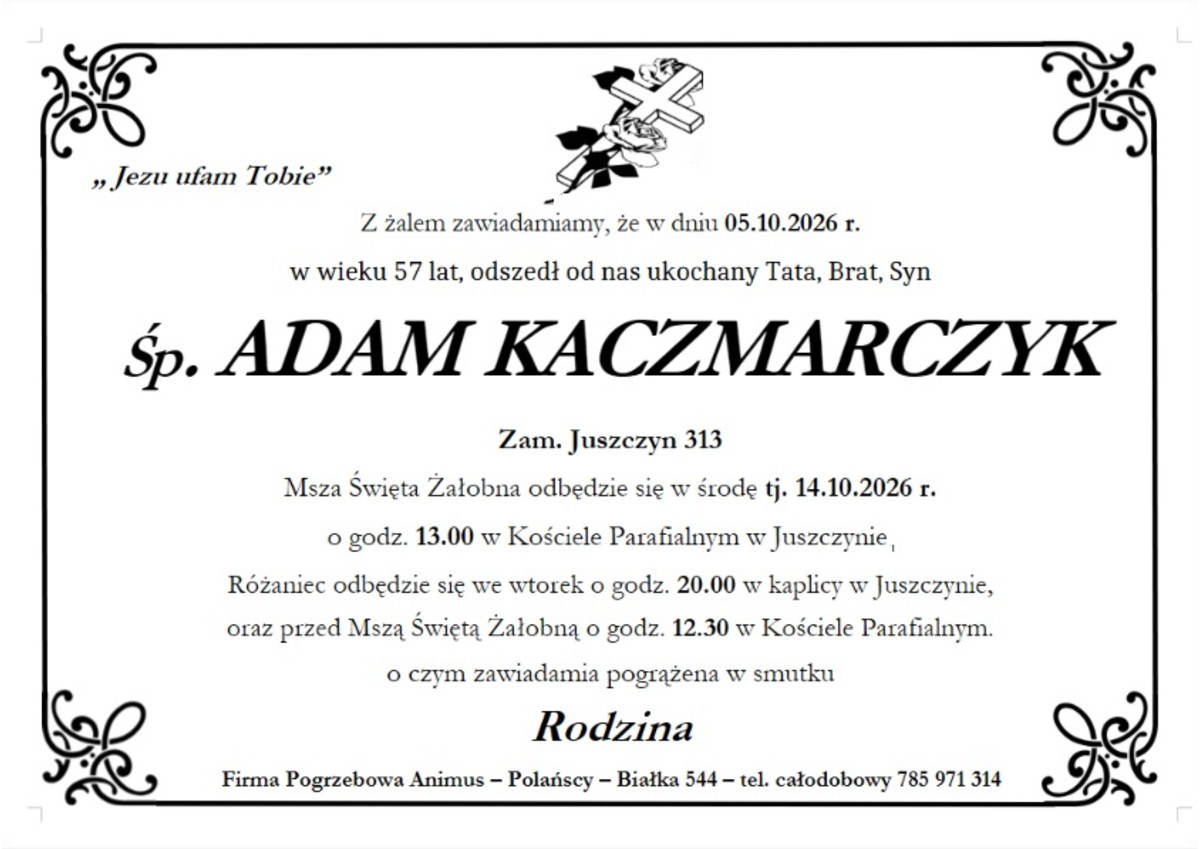 Nekrolog: śp. ADAM KACZMARCZYK, zm. 5 października 2026 r.