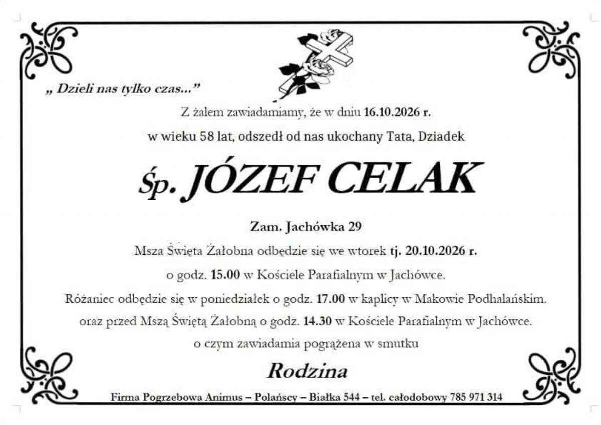 Nekrolog: śp. JÓZEF CELAK, zm. 16 października 2026 r.