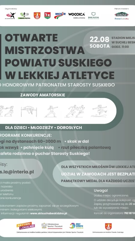 II Otwarte Mistrzostwa Powiatu Suskiego w Lekkiej Atletyce już 22 sierpnia!